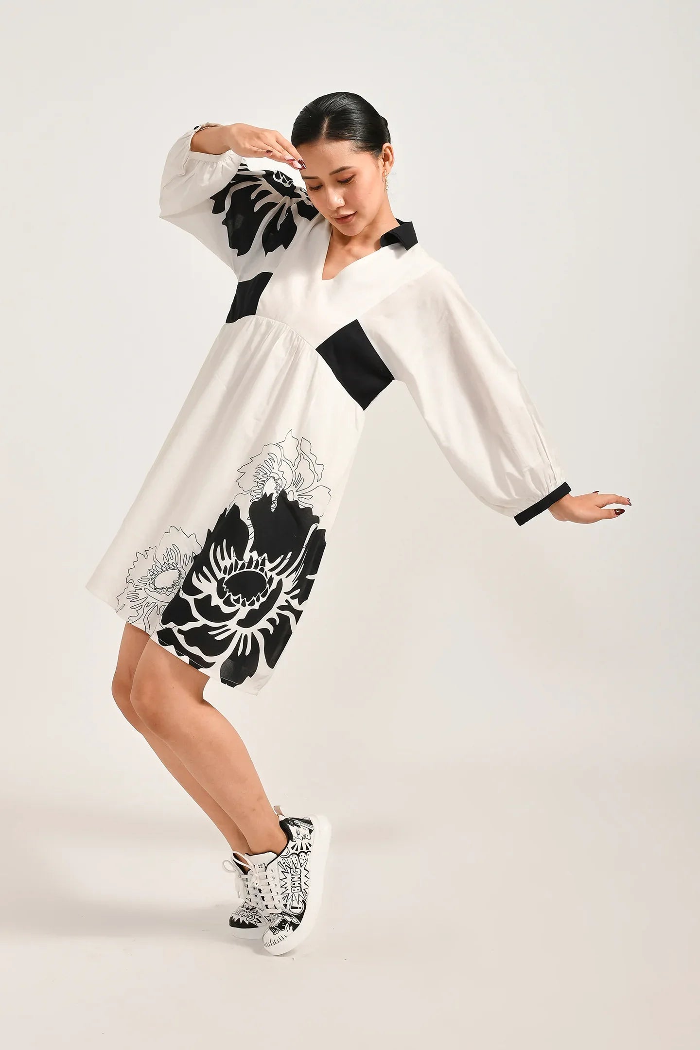Cotton Petal Print White Dress - Meerabella