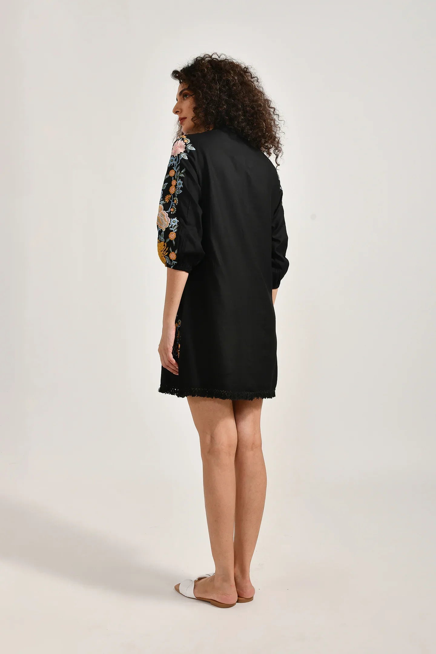 Black Petal Embroidery Cotton Dress - Meerabella