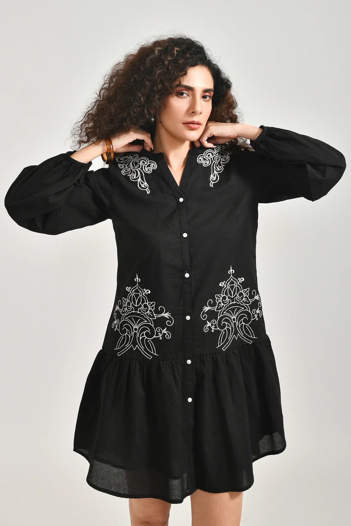 Black Canvas Embroidery Dress - Meerabella
