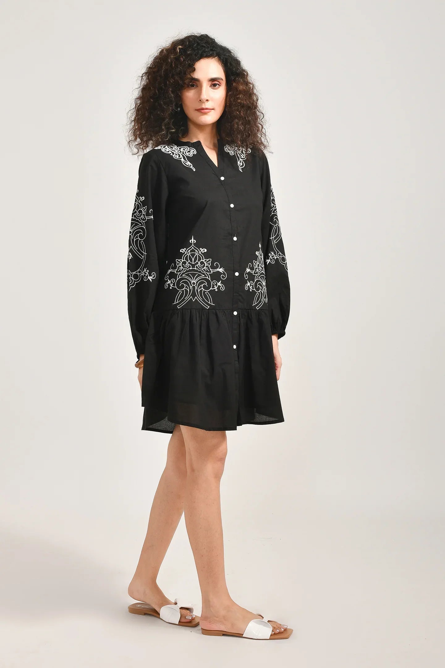 Black Canvas Embroidery Dress - Meerabella