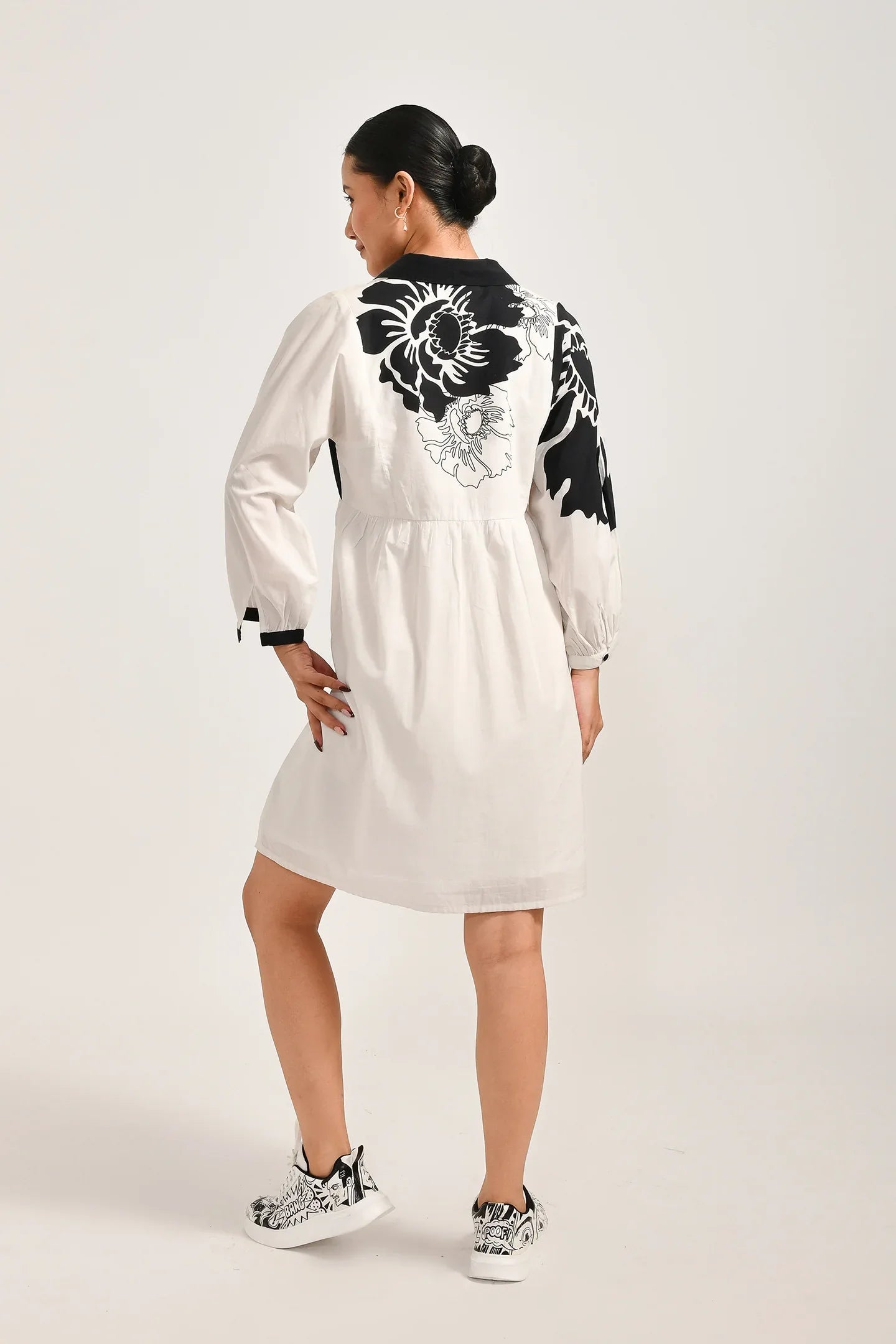 Cotton Petal Print White Dress - Meerabella