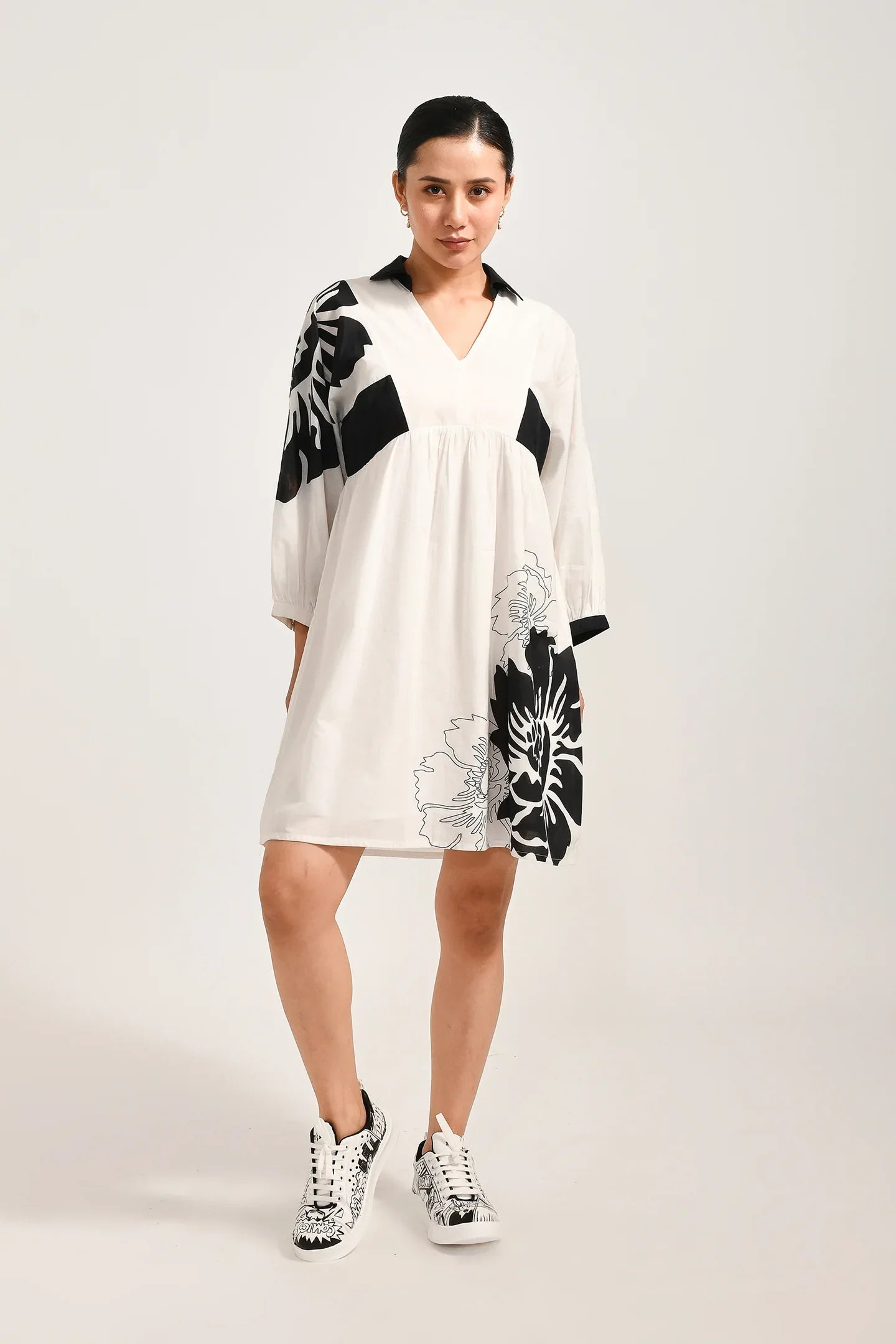 Cotton Petal Print White Dress - Meerabella