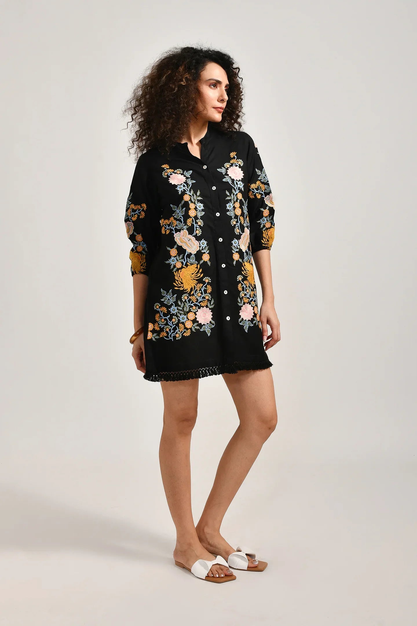 Black Petal Embroidery Cotton Dress - Meerabella