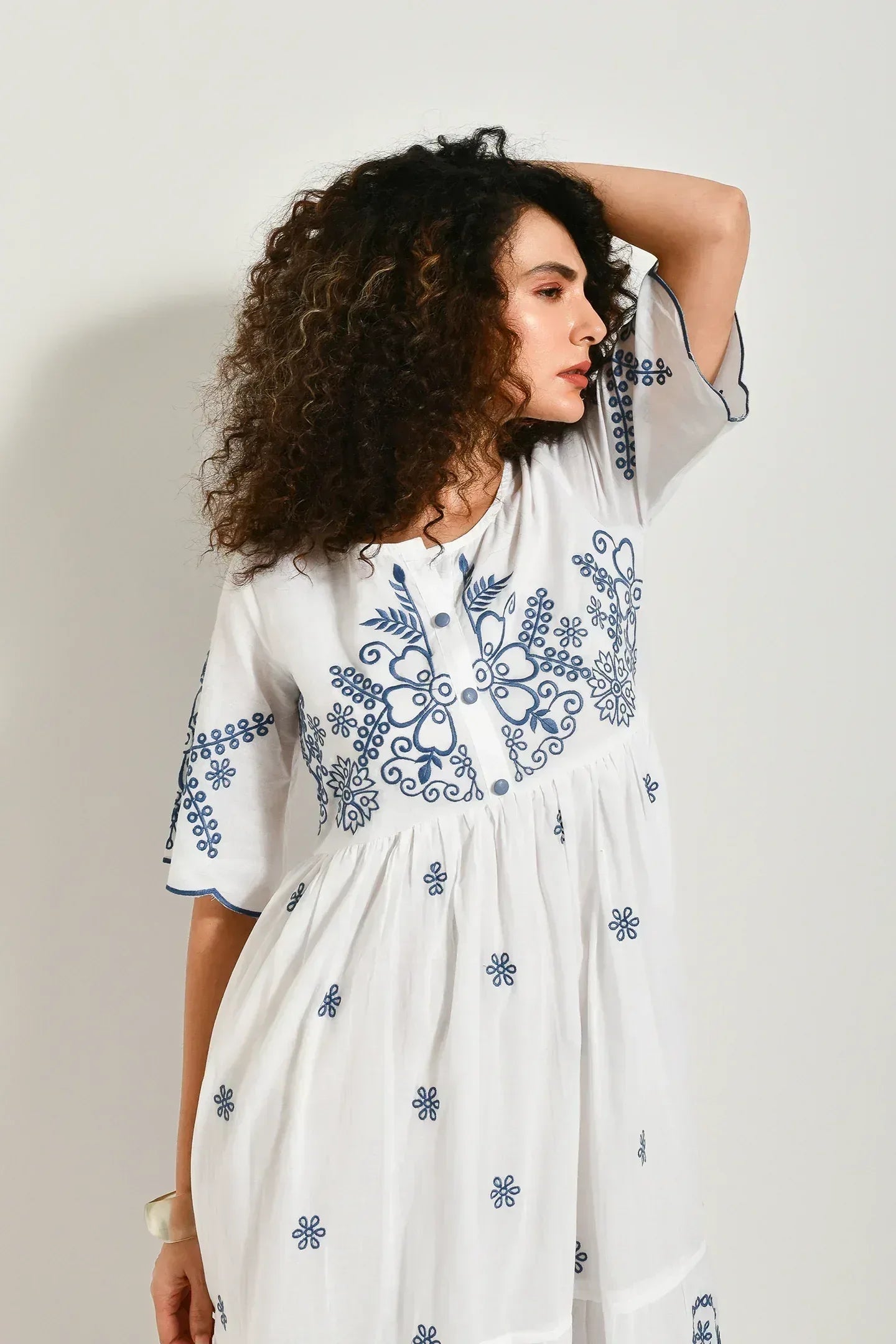 Azure Blossom Cotton White Dress - Meerabella