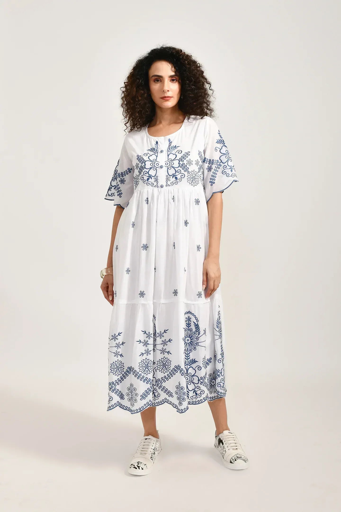 Azure Blossom Cotton White Dress - Meerabella