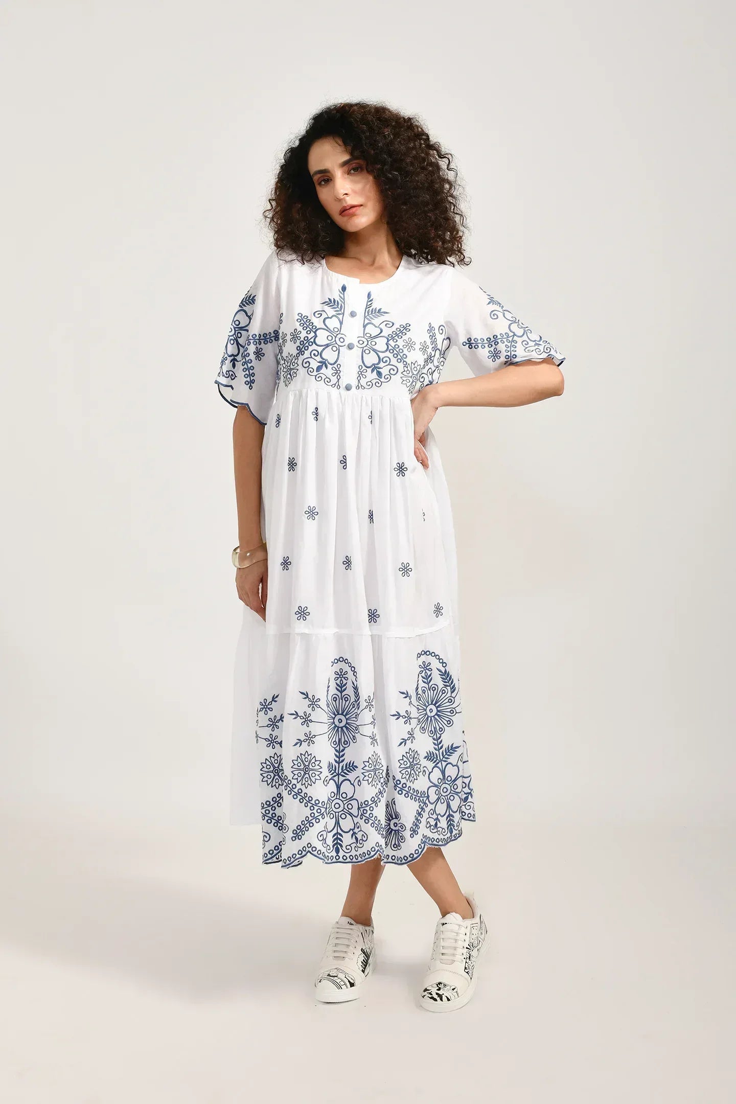 Azure Blossom Cotton White Dress - Meerabella