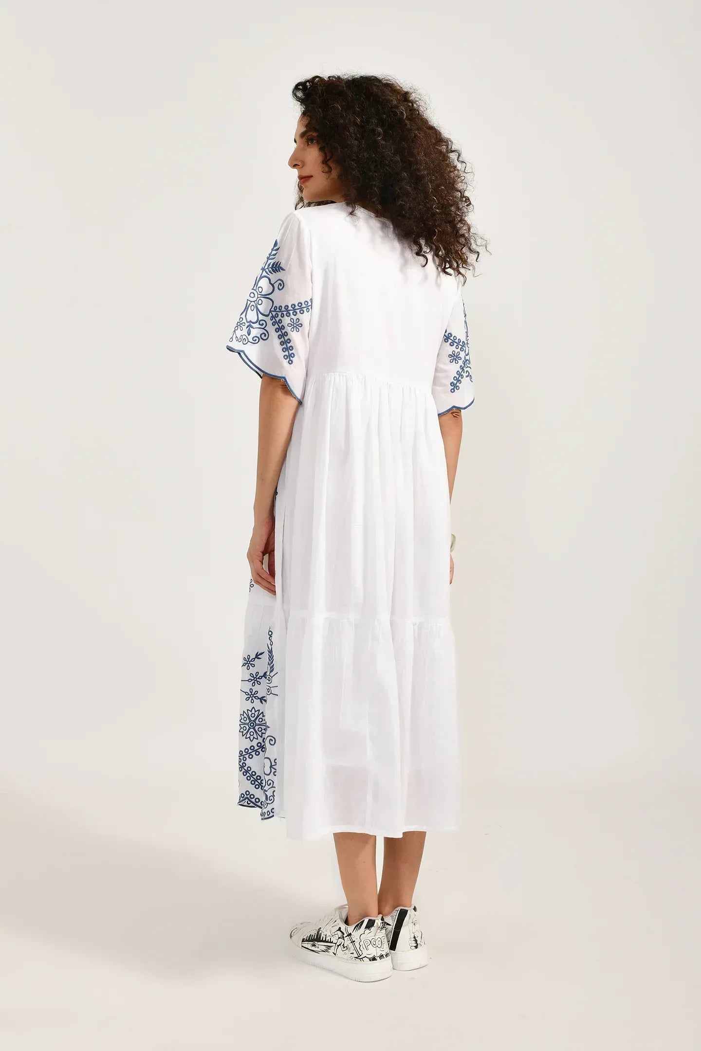 Azure Blossom Cotton White Dress - Meerabella