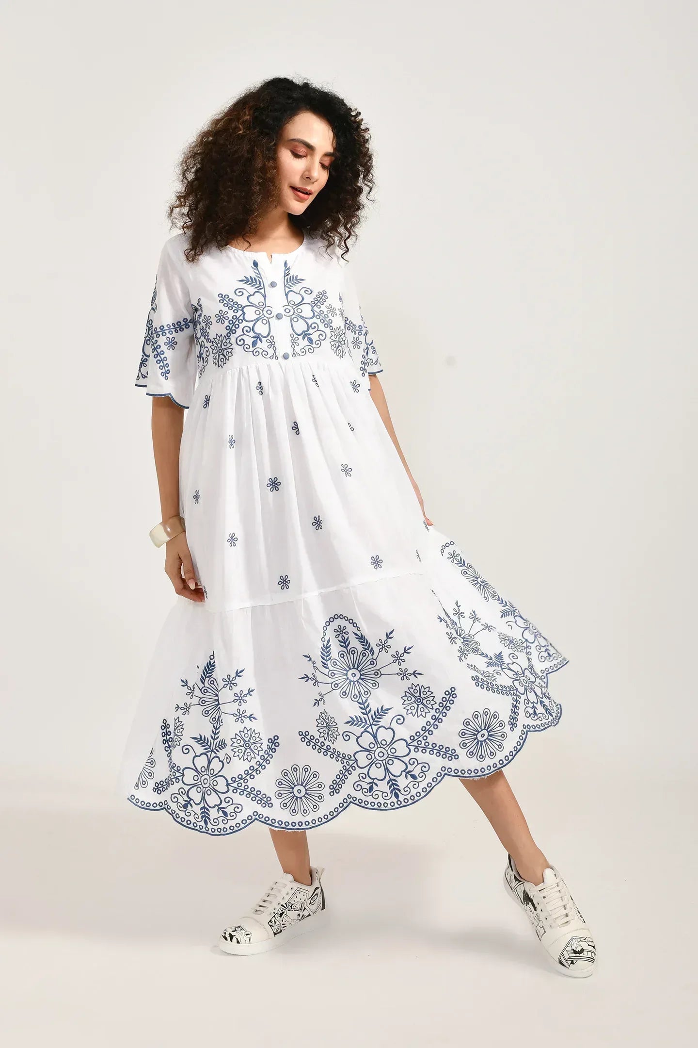 Azure Blossom Cotton White Dress - Meerabella