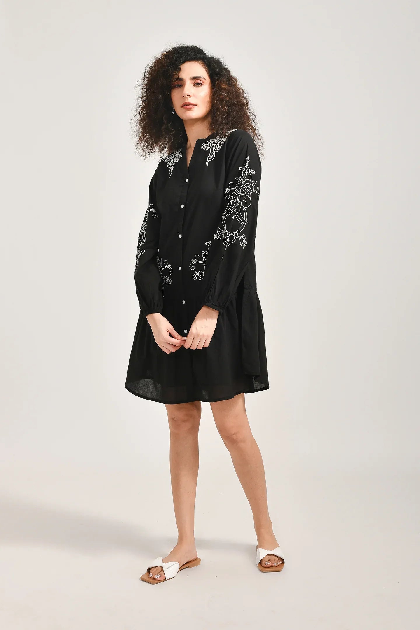 Black Canvas Embroidery Dress - Meerabella
